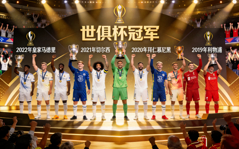 历届世俱杯冠军球队在领奖台上高举奖杯