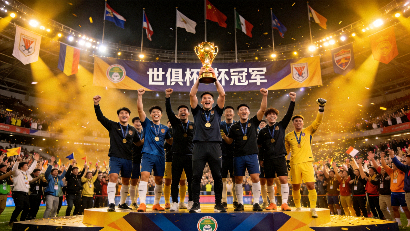 世俱杯决赛现场球员高举奖杯庆祝夺冠
